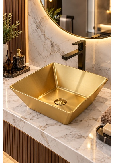 Alfas Aura Kare 40x40 Cm Pvd Mat Gold Tezgah Üstü Çanak Lavabo 304 Paslanmaz Çelik