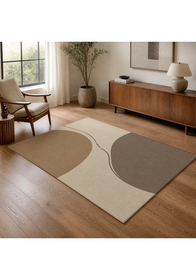 Kartela Halı Denge Soyut Modern Halı Bej Kaymaz Taban Makinede Yıkanabilir Salon Halısı 100x150 Cm