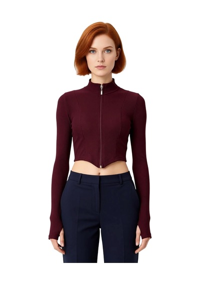 Frm Kadın Fermuarlı Dik Yaka Örme Crop Üst Kaliteli Şık Rahat Modern bordo