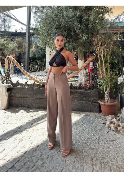WeShaya Vizon Keten Düz Paça Pantolon Vizon