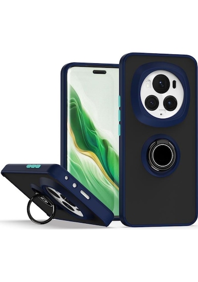 Honor Magic 6 Pro Uyumlu Kılıf Yüzüklü Standlı Extra Darbe Koruma Sert Silikon Kapak -lacivert Lacivert