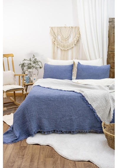 Müslin 4 Katlı Yatak Örtüsü İndigo Renk Çift Kişilik Pike 240x230 Cm Diğer