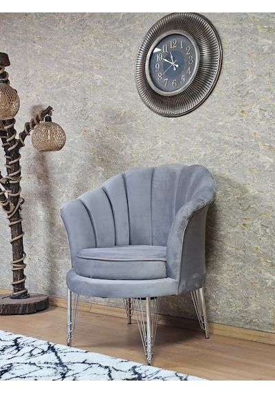 Zafir Tekli İstiridye Krom Kaplama Telli Ayak Çay Seti Koltuk Tekli Berjer , Balkon, Salon, Ofis Gri