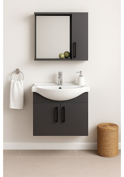 DMZ Home Concept Lacrime 65 Cm Antrasit Renkli Mdf, Oval Seramik Lavabolu, Alt Ve Üst Dolaplı DMZ Home Concept Lacrime 65 Cm Antrasit Renkli Mdf, Oval Seramik Lavabolu, Alt Ve Üst Dolaplı
