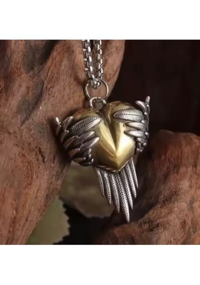 Vintage Metal Melek Kanatlı Kalp Kolye Guardian Angel Tasarım, Paslanmaz Çelik Zincir, Unisex Çelik