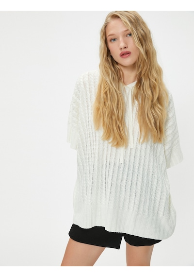 Koton Oversize Triko Panço Kapüşonlu Kısa Kollu Örgü Desenli Ekru 4wal90028ht Ekru