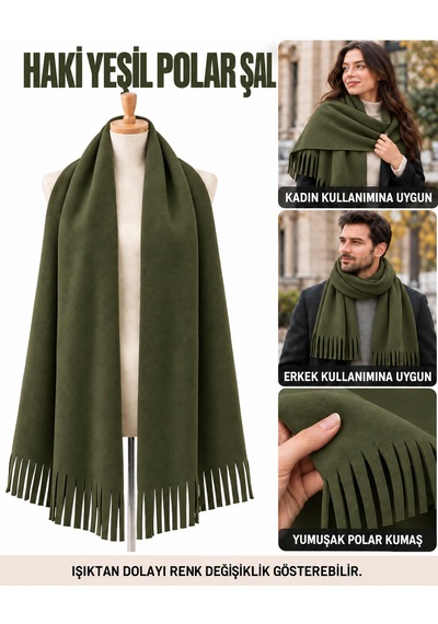 Bigohobi Unisex Polar Şal, Kadın Ve Erkek Kışlık Püsküllü Yumuşak Polar Kumaş Şal Haki