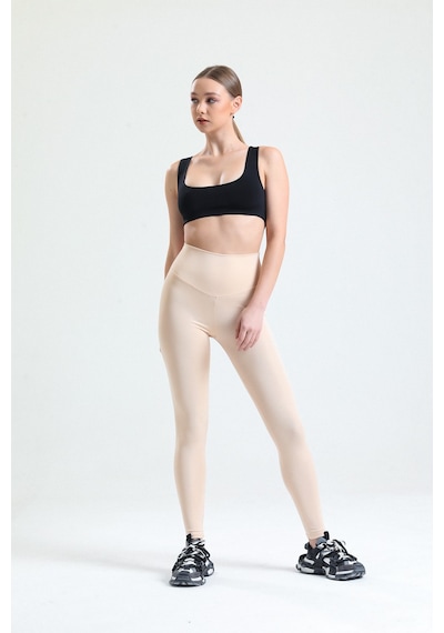 Thiff Gymwear Caramel Yüksek Bel Toparlayıcı Dalgıç Kumaş Spor Günlük Tayt Ekru