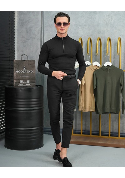 Modefendi Pamuk Likra Slim Fit Yarım Fermuarlı Kazak Siyah