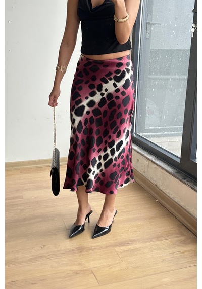 Mixray 4647 Kadın Beli Lastikli Leopar Saten Etek Bordo