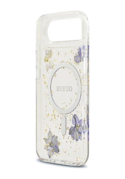 Apple Uyumlu iPhone 17 Air  Kılıf Guess Lisanslı M-safe Şarj Özellikli Transparan Resin Flowers Kapak Mor Mor