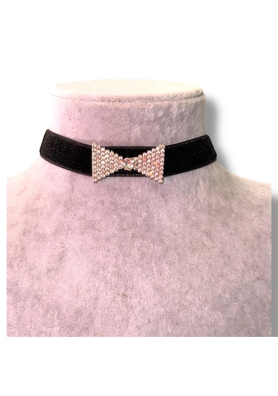 Kırmızı Sanat Evi Kadife Fiyonklu Taşlı Choker Kolye Siyah