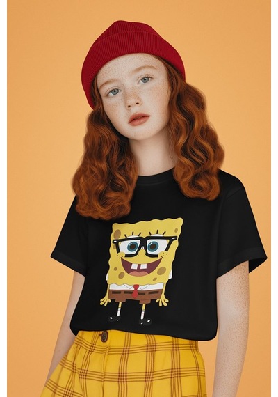 Sevbano Gözlüklü Süngerbob Baskılı Unisex Çizgi Film Çocuk Tişört 1-12 Y Siyah