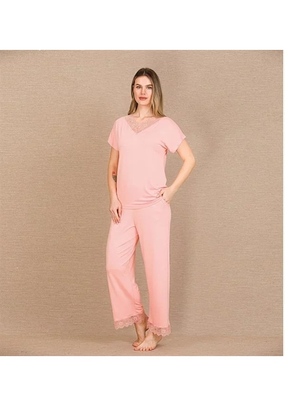 Ang Butik Kadın Viskon Şık Tasarım Dantel İşlemeli Açık Pembe Kısa Kol Pijama Takımı
