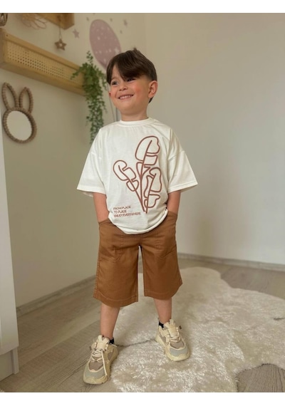 Miniko Kids Erkek Çocuk Keten Şortlu Cep Modelli Pamuk Şortlu Takım Ekru