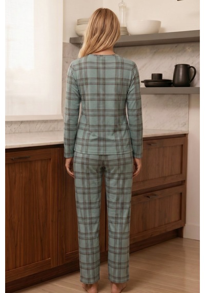 Siyah İnci Desenli Termal Kumaşlı Ultra Soft Yumuşak Örme Pijama Takımı 26226308 Yeşil