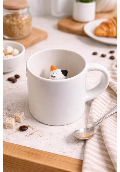 Lexroo Sürpriz Kedi Figürlü Seramik Kahve Kupası - Gizli Tasarım Mug Bardak Çok Renkli