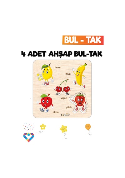 Eğitici 4 Adet Bul-tak Oyuncak Taşıtlar, Meyveler, Sebzeler Ve İş Makineleri