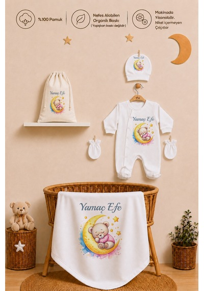 Pia Baby İsme Özel %100 Pamuk Erkek Bebek Yastık Battaniyeli Tulum Set Kese Hediyeli 1109tybkyx Krem