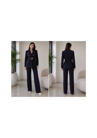 Gül&can Butik Kadın Lacivert Kemerli Gold Düğmeli Ceket Pantolon Takim Lacivert