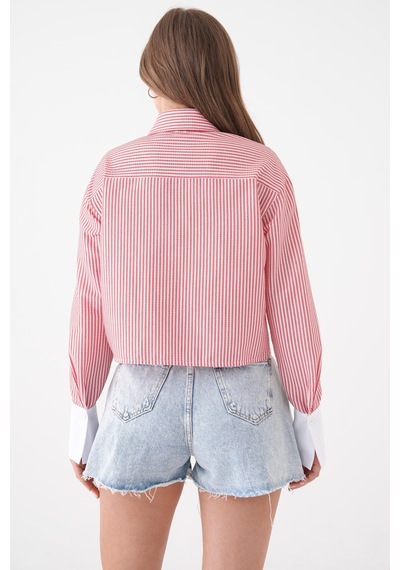 Saade Kırmızı Çizgili Crop Gömlek Kırmızı