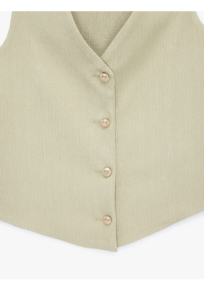 Koton Bürümcük Kumaş Slim Fit V Yaka Düğmeli Yelek Ada Çayı 6sak30016uk Açık Yeşil