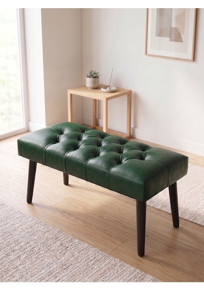 Modern Kapitoneli Yeşil Deri Kumaş Bench Puf Oturma Bankı Ahşap Siyah Ayaklı Demonte 90x45