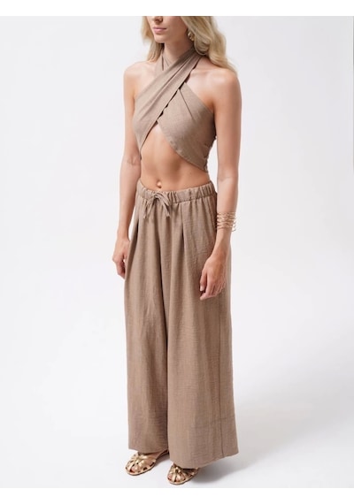 Defymoda Düşük Bel Oversize Keten Pantolon Bej