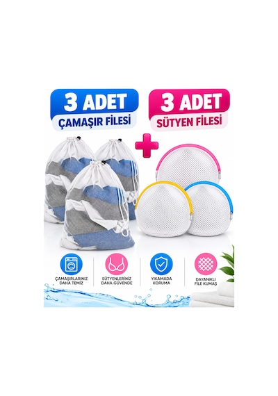 3'lü Çamaşır Yıkama Filesi 40x60 Cm + 3'lü Sütyen Yıkama Filesi Fermuarlı Set Beyaz