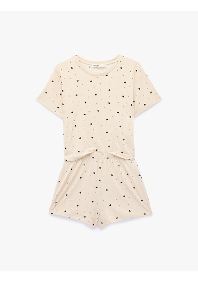 Koton Rahat Kalıp Kalp Desenli Kısa Kollu Şortlu Pijama Takımı Pembe Desenli 6slk40117mk
