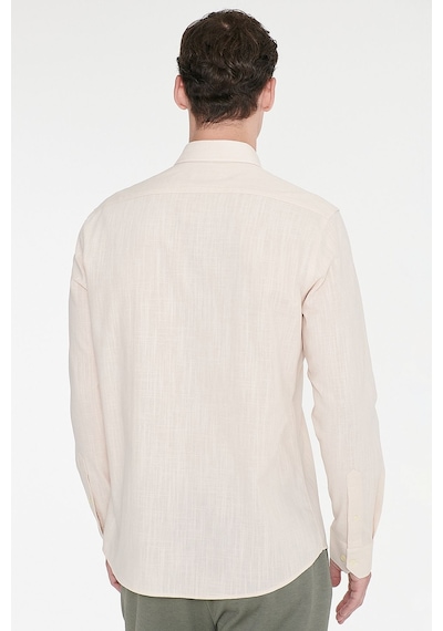 AC&Co / Altınyıldız Classics Erkek Bej Tailored Slim Fit Dar Kesim Düğmeli Yaka Keten Görünümlü %100 Pamuk Flamlı Gömlek Bej