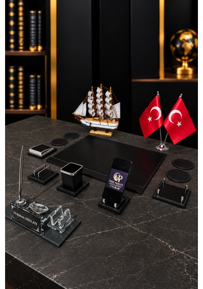 13 Parça Kristal Masa İsimlik Seti Kişiye Özel Gemi Figürlü Ofis Sümen Takımı Siyah