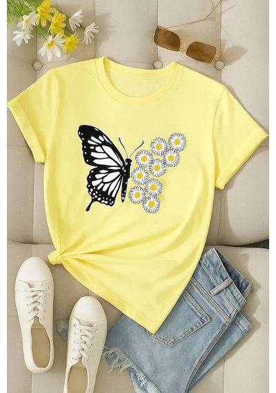 Papatyalı Kelebek Baskılı Unisex Oversize Tişört Sari