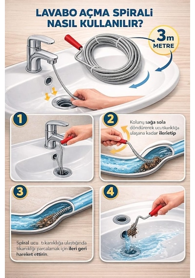 3 Metre Manuel Gider Açma Teli, Lavabo Ve Banyo İçin Uzun Spiral Gider Açıcı, Paslanmaz Çelik T