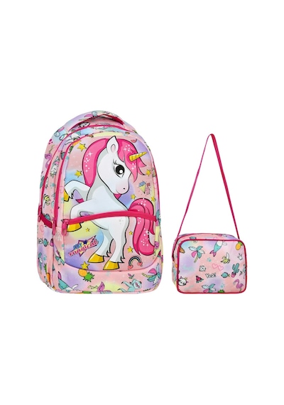 Pembe Unicorn Desenli Kız İlkokul Sırt Çantası + Beslenme Çantası 2307 Çok Renkli