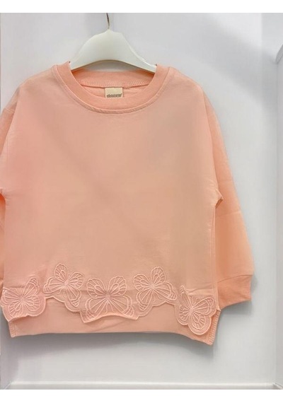 Kız Çocuk Kelebek İşlemeli Sweatshirt-14229 Pudra