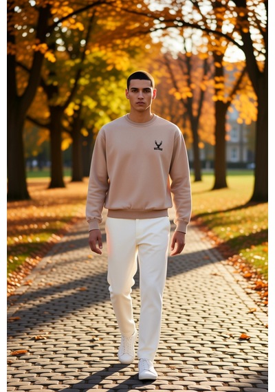 Benerly Erkek Bisiklet Yaka Düşük Kol Uzun Kol Sweatshirt Fonksiyonel Day Bej