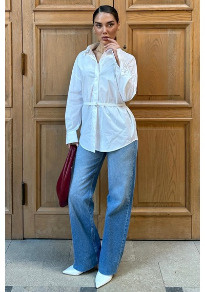Seeh Beyaz Kemer Detaylı Oversize Kadın Gömlek Sh366 Basic
