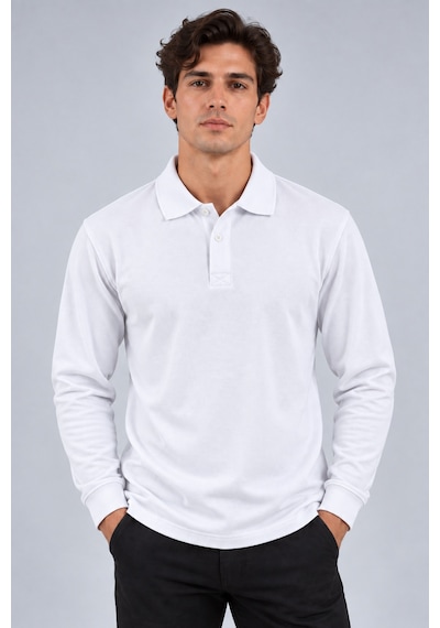 Parshey Erkek Uzun Kollu Polo Yaka Tişört %100 Pamuk 200 Gr Compact Pike Beyaz
