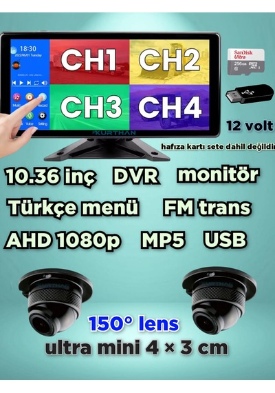Dvr Dokunmatik Ekran 2 Adet 1080p Ahd 150'' Ultra Mini Kamera