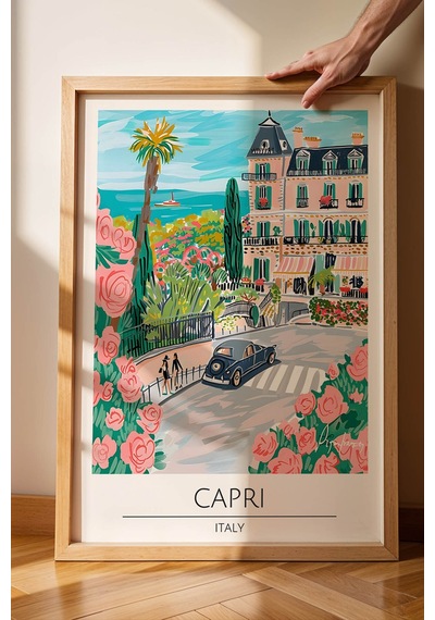 İtalya Capri Temalı Çerçeveli Tablo Travel Serisi Modern İllüstrasyon Ada Manzaralı Duvar Dekoru Kayın