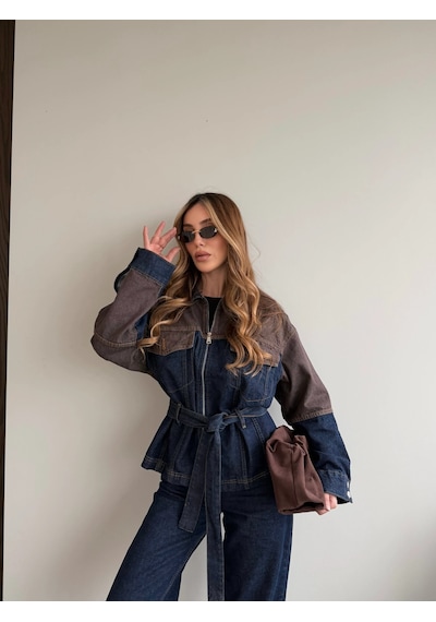 Laluvia Lacivert - Kahve Bağlamalı Ceket Pantolon Denim Takım - 0836 Lacivert