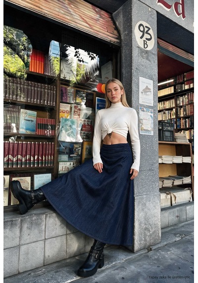 Kadın İndigo 7w6-50 Relaxed Fit Maxi Denim Etek Lacivert