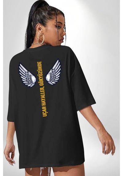 Uçan Hayaller Gökyüzünde Melek Kanatları Siyah Oversize Unisex Ön Ve Sırt Baskılı Tişört Siyah Uçan Hayaller Gökyüzünde Melek Kanatları Siyah Oversize Unisex Ön Ve Sırt Baskılı Tişört Siyah