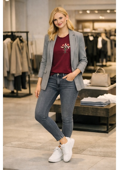 Yubistitch Tshirt Nakış İşlemeli Demet Çiçek- Penye-bordo