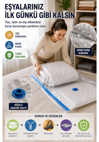 Maxi Boy Vakumlu Hurç 80x110 Cm 1 Adet Çift Kilitli Vakum Poşeti Yorgan Battaniye Saklama Çuvalı Şeffaf