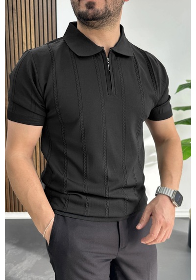 Erkek Desenli Polo Yaka Tişört Siyah Edw457 Siyah