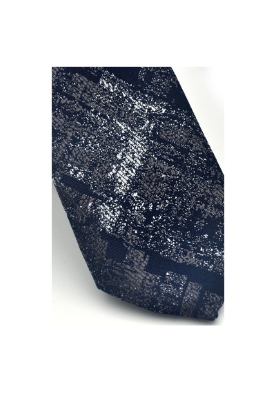 Gaffy Gri Desenli Lacivert Dokuma Kumaş Mendilli Slim Fit Kravat // Sdk-2608-2 Lacivert