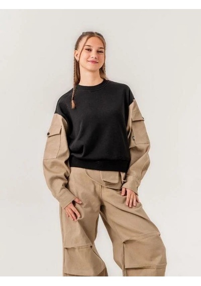 Kız Çocuk Gabardin Kol 2 İplik Sweatshirt-15170 Siyah