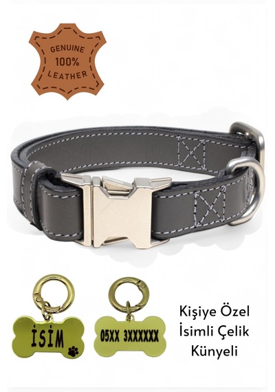 Hakiki Deri Köpek Boyun Tasması, Kişiye Özel Künyeli Lux Seri Gr Gri